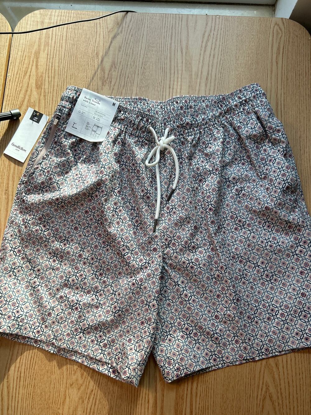 New Mens Goodfellow & Co Tile Print Swim Trunks Liner 7"Inseam Tan Khaki Medium